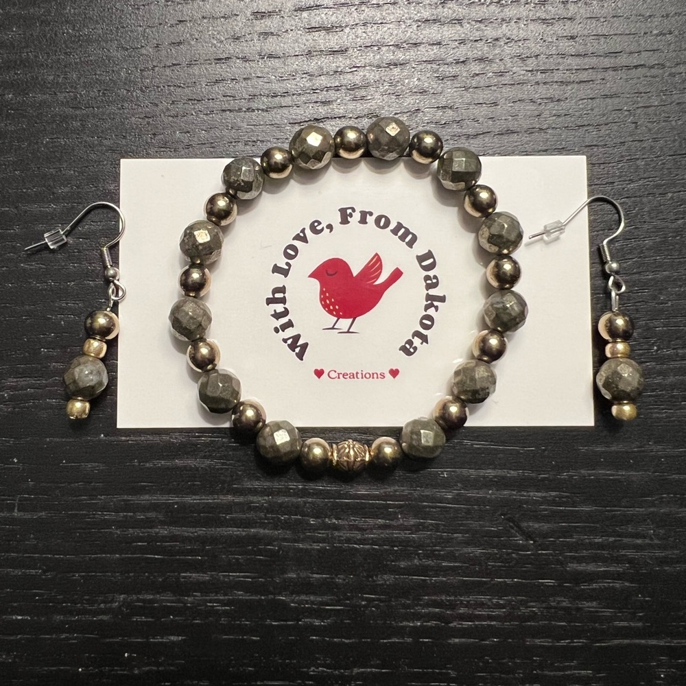 Pyrite and Gold Hematite Bracelet and Earrings Classic Jewelry